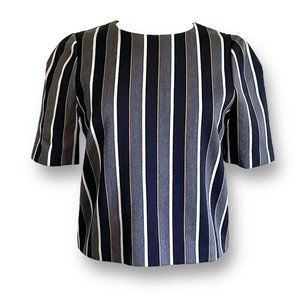 Demi-Luxe BEAMS Womens Wool Top Sz 38 US 6 Navy Blue Gray Mustard Stripe Blouse